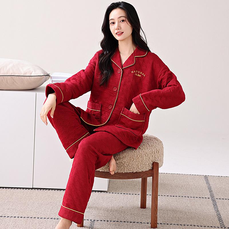 Pajamas Women'S Winter Thickened Pure Cotton Long-Sleeved Sandwich Air Cotton Autumn And Winter Loungewear Winter