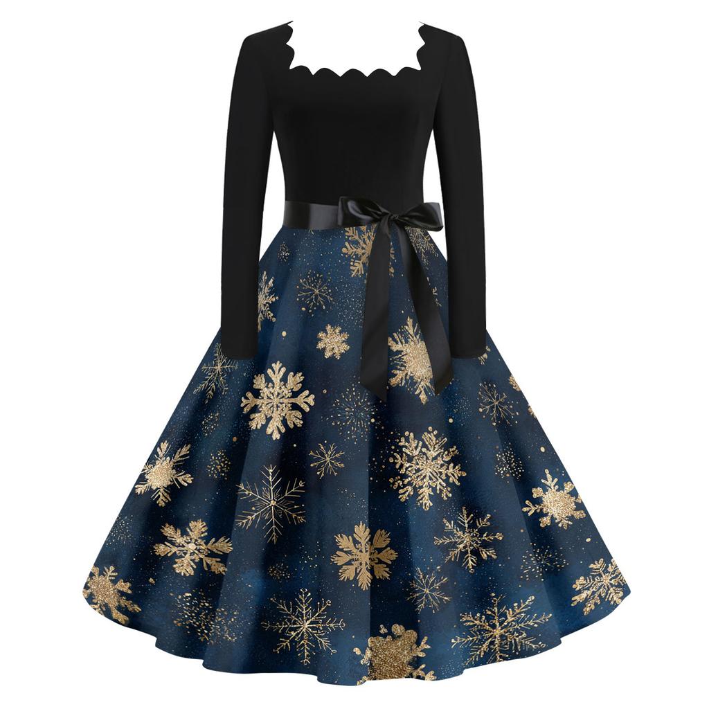 Women's Casual Fashion V Neck Christmas Printed Vintage Dress