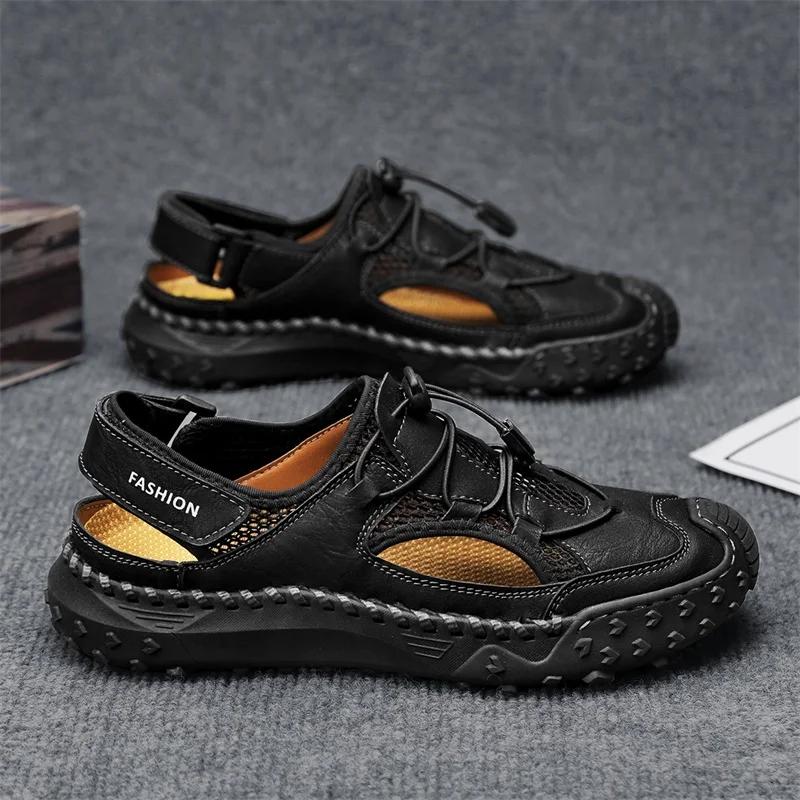 2025 Summer Breathable Men’s Beach Leather Designer Slippers Non-Slip Mule Luxury Roma Gladiator Sandals Men Casual Flip Flops