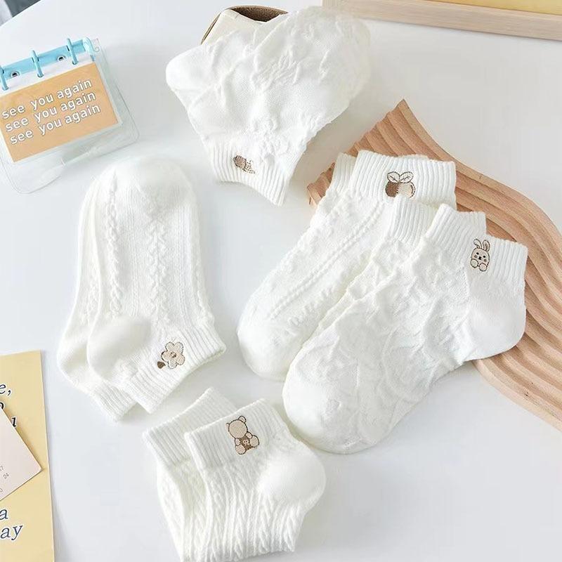 5 Pairs of Socks: White Short Socks for Women, Cotton Socks, Summer Thin Style, Summer Trendy Short Leg, Cute, Spring and Autumn Style Boat Socks