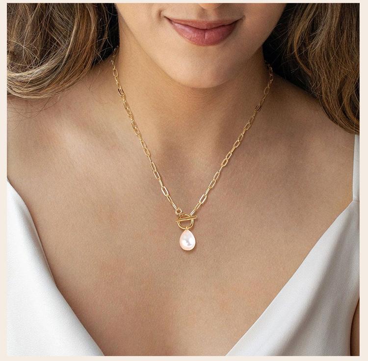 Mini Pearl Toggle Necklace for Women, Pearls Pendant, Stainless Steel Paperclip Chain Bridesmaid Gift
