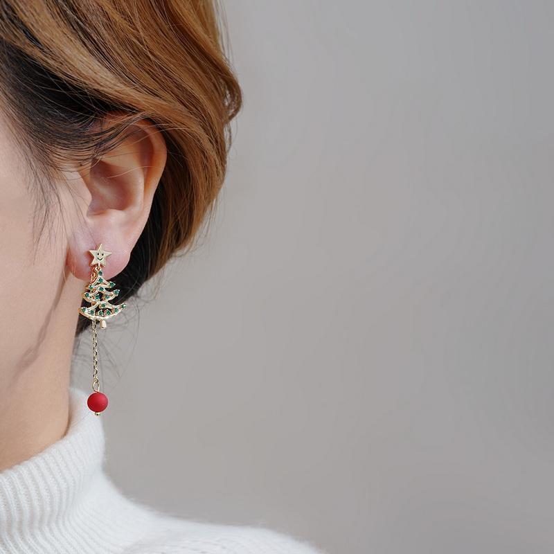 Merry Christmas Xmas Tree Red Ball Asymmetric Stud Earrings for Women New Year Snowflake Bell Deer Zircon Festival Earring
