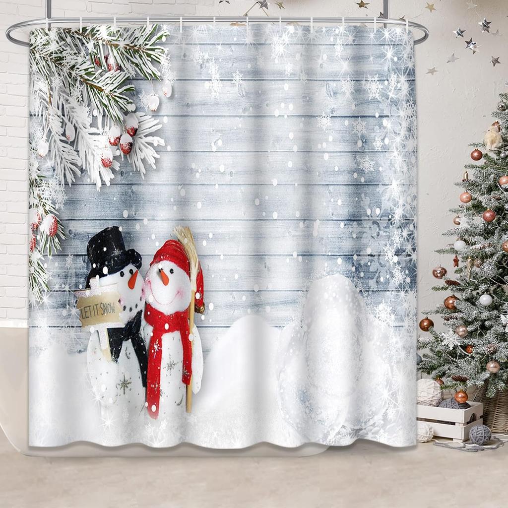 Three Christmas Dwarf Elves in Snow Shower Curtain, Waterproof Fabric Bathroom Shower Curtain Set with 12 Hooks 72"X72"