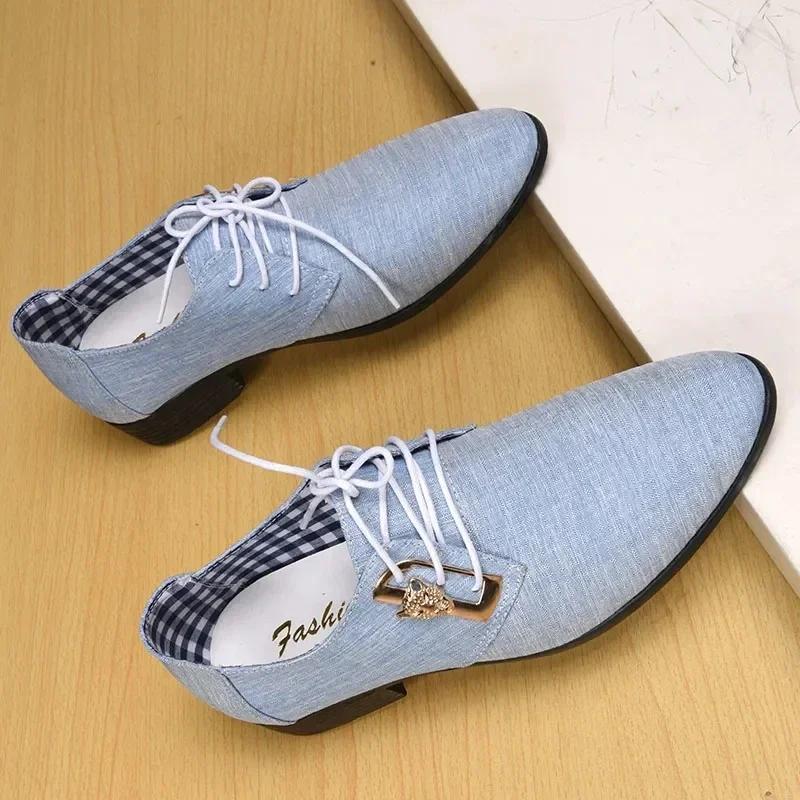 Płócienne buty Derby Męskie buty wizytowe Ślubne Płócienne Casualowe Płaskie Męskie Obuwie Formalne Wielokolorowe Mokasyny Chaussures Hommes Niebieskie Nowe