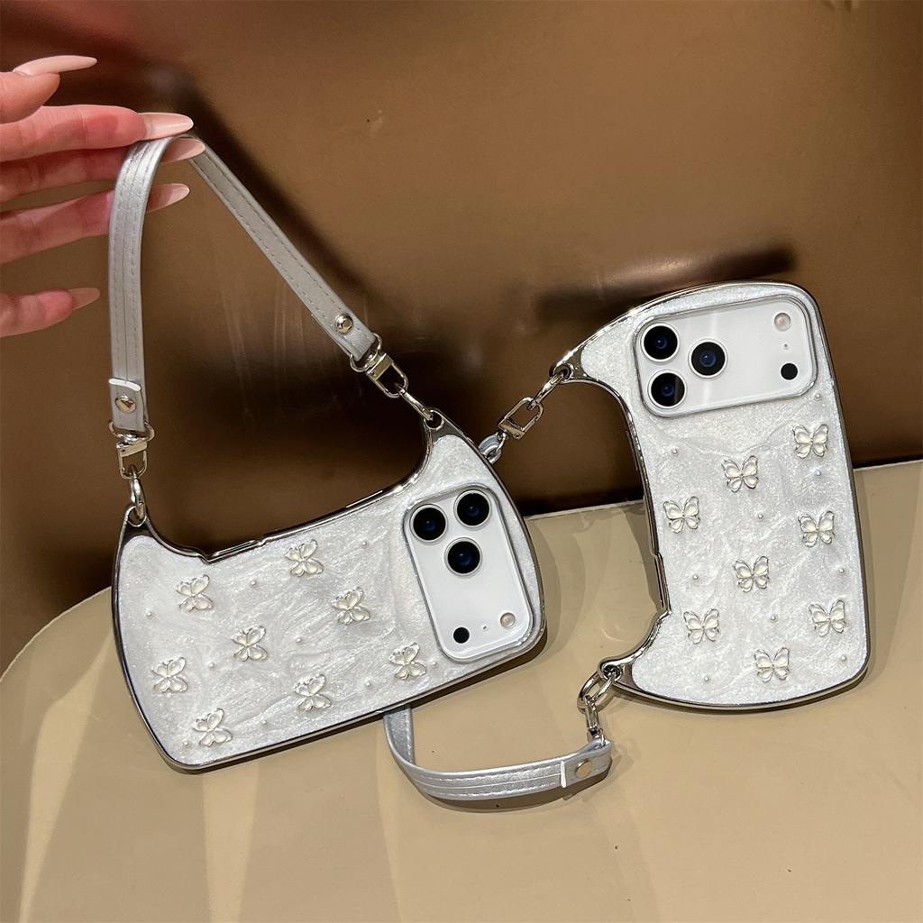 Elegant Pearl & Butterfly Shoulder Phone Case for iPhone 12-17 Series — Adjustable Strap, Mirror Metallic Frame