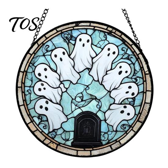 Lightweight Party Signs Halloween Stained Glass Suncatcher Ornament, Vintage Hanging Window Decor with Pumpkin Ghost Bat Witch Waterproof Porch