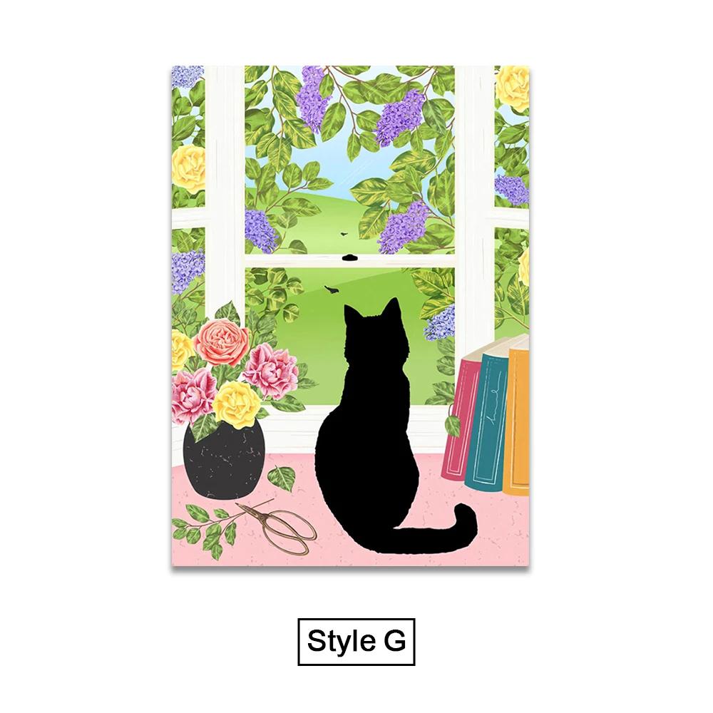 Abstract Tropical Plant Flower Black Cat Posters Boho Wall Art Canvas Paintings Prints Wall Pictures For Living Room Decor