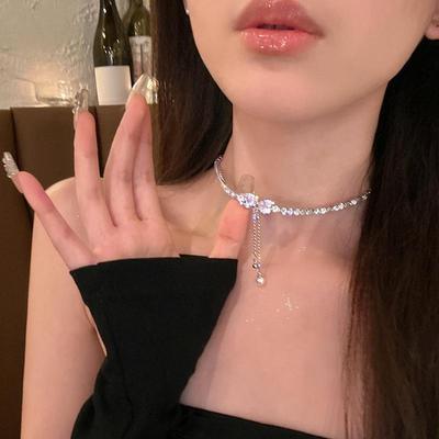 Elegant Korean Geometric Zircon Bow Tassel Necklace - Luxurious Clavicle Jewelry for Women