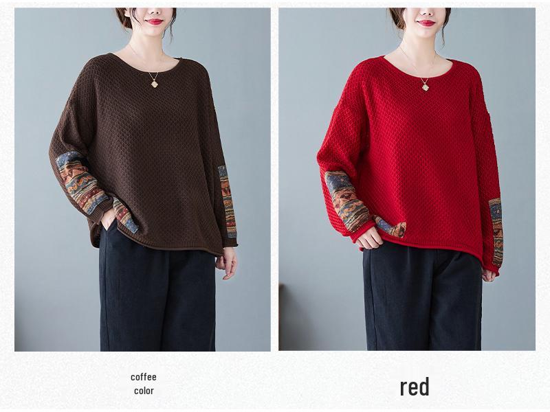 2024 Autumn/Winter Plus Size Retro Ethnic Applique Cotton Knit Women's Loose Round Neck Pullover