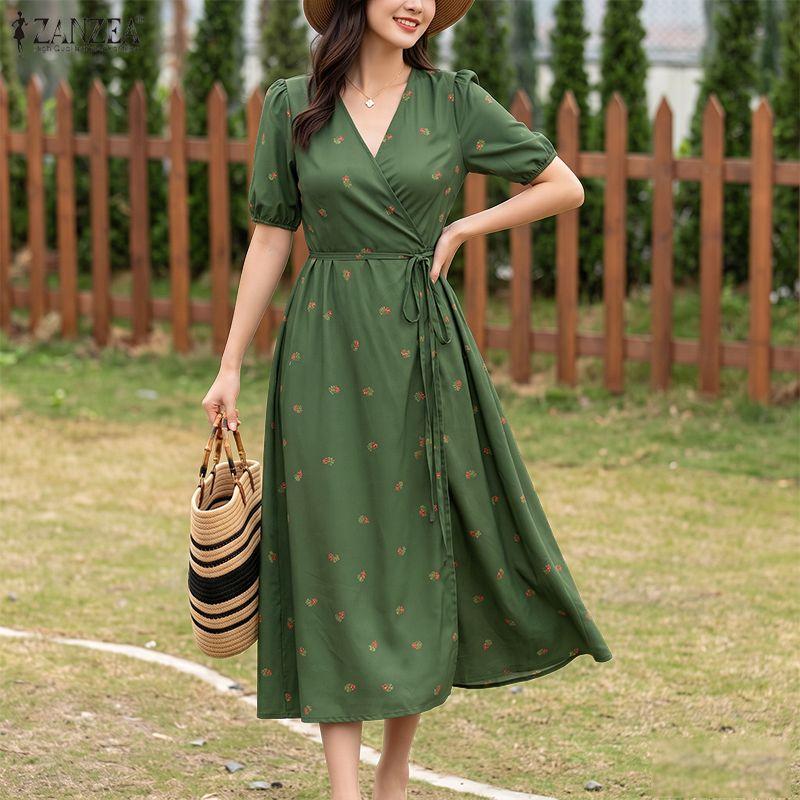 ZANZEA Women Casual V-Neck Half Sleeve Elegant Summer Floral Print Dress
