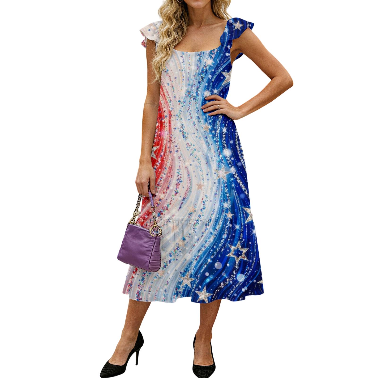 Women s Fashion Loose Mid-length Ruffled Flying Sleeve Independence Day Printed Dress M