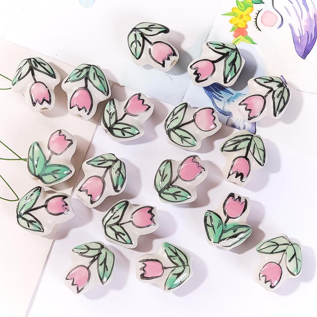 Perline in Ceramica Dipinta Tulipano e Farfalla Rosa Retrò per Braccialetti e Collane Fai da Te
