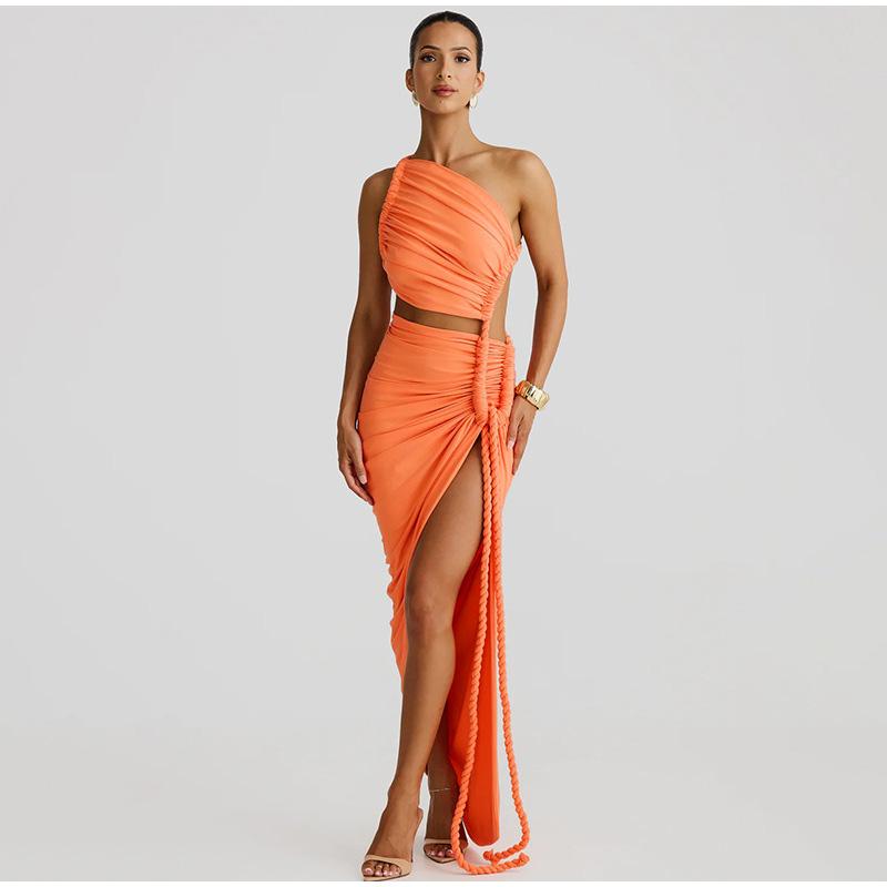 

Модное асимметричное платье с открытой спиной и высоким разрезом, длинное женское сексуальное платье с косыми плечами из пеньковой веревки, ажурное летнее платье для отдыха L оранжевый