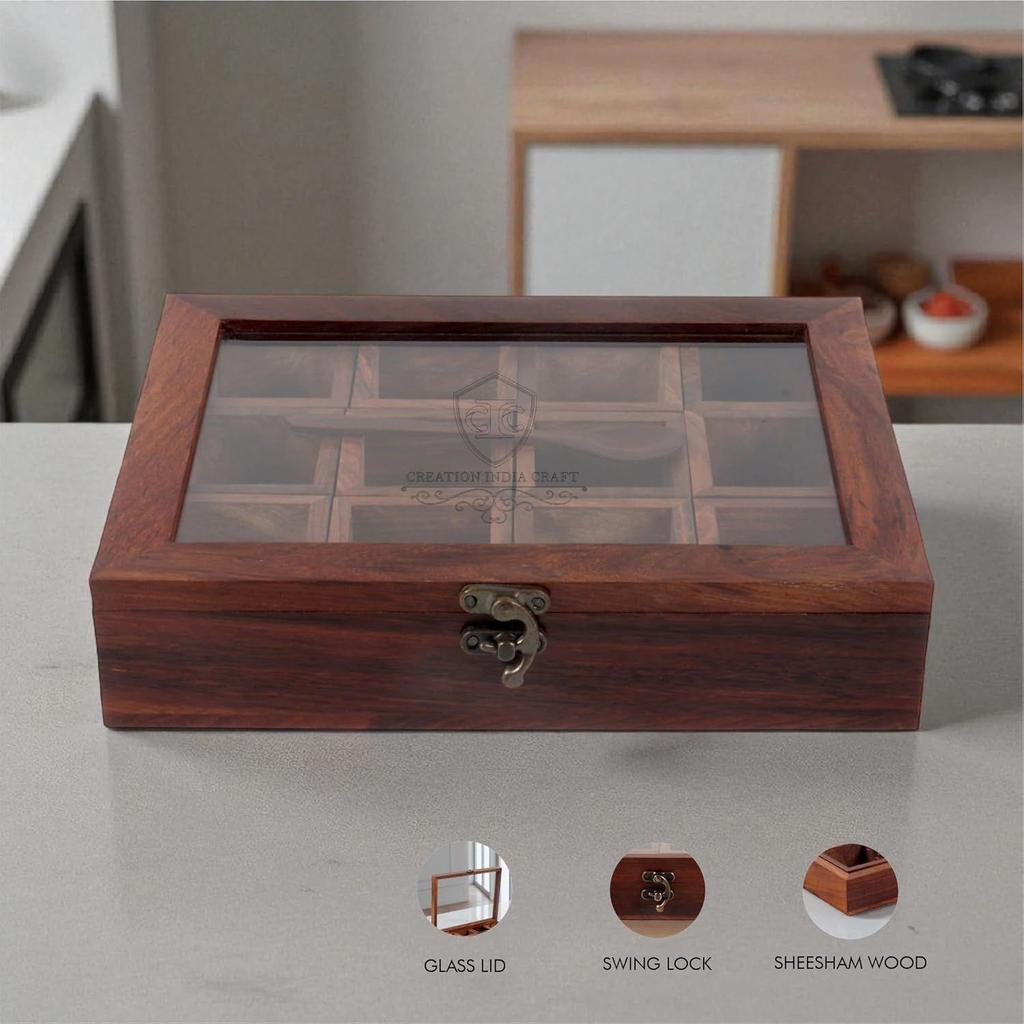 Wooden Spice Box Set for Kitchen Large Containers Spice Jars & Spoon In Sheesham Wood Masala Dabba