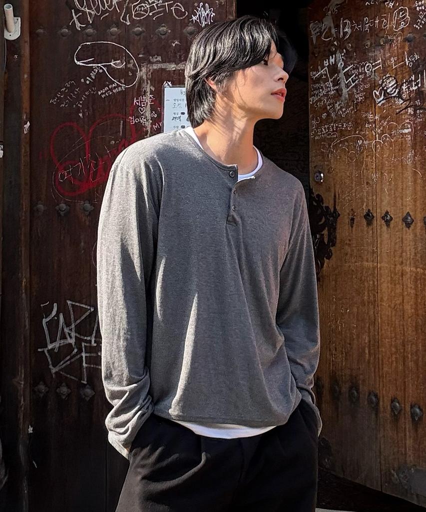 LEIRE Soft Henley Neck Long Sleeve T-Shirt [Charcoal]