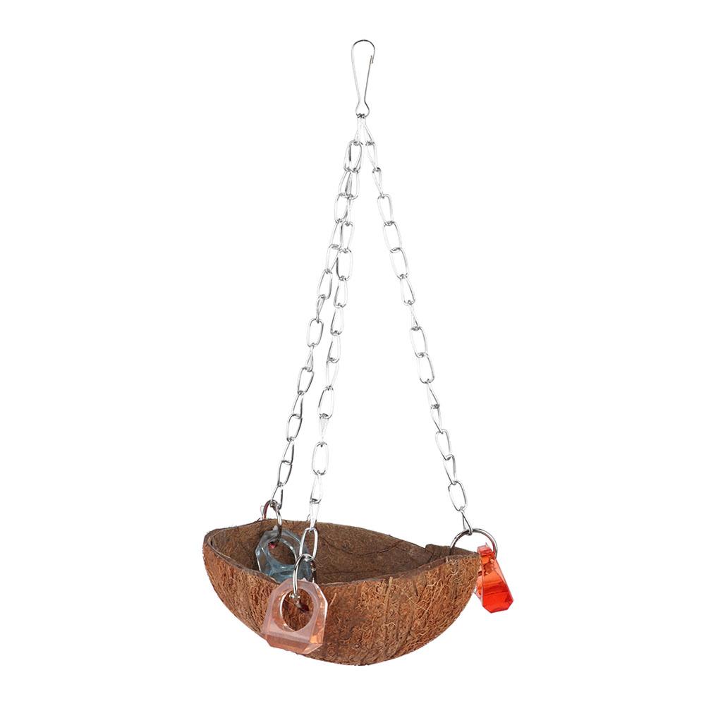 Pet Birds Toy Squirrel Coconut Shell Hanging Basket Sling with Acrylic Rings for Parrot Hammock