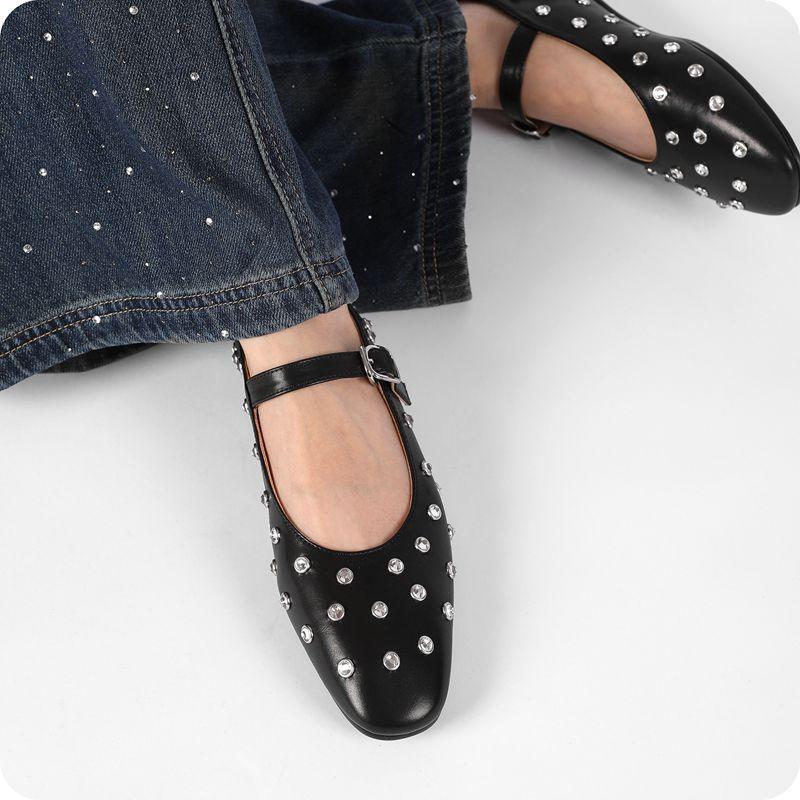 Fashion Crystal Rivets Ballet Flats Women Suede Leather Mary Janes Ankle Belt Loafers Female Summer Spring Rivets Loafers Cozy Moccasins