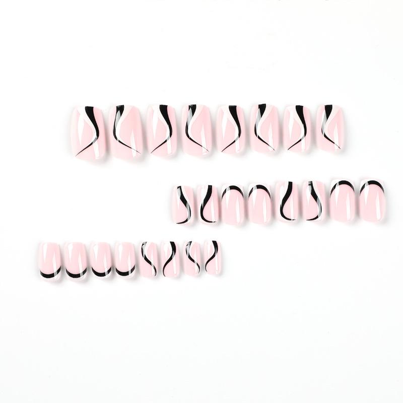 24 Teile/satz Schnelle Nägel Schwarz Und Weiß Französisch Wellen Falsche Nials Aufkleber Tragbare Wasserdichte Maniküre Fertige Nägel