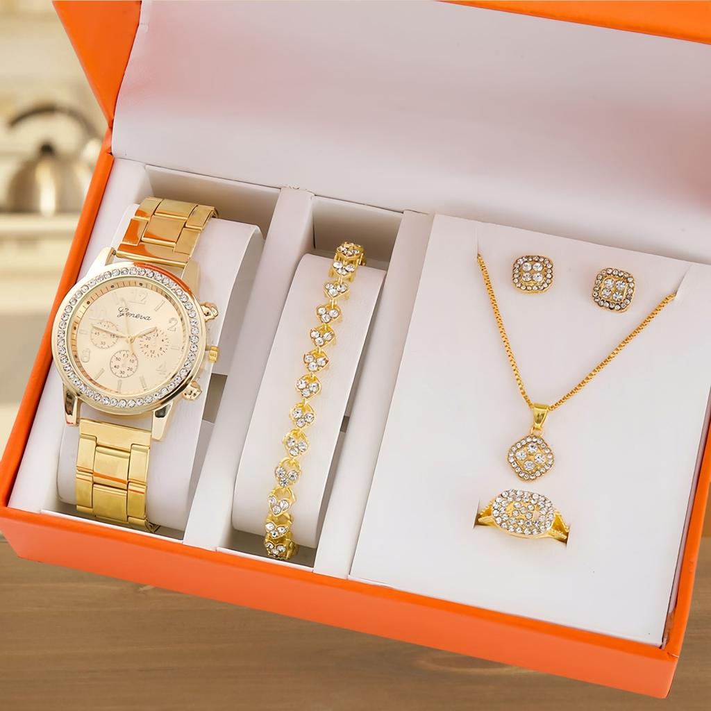 Three-eye Watch with Diamond Alloy Steel Belt Watch Women's Geneva Quartz Watch Set