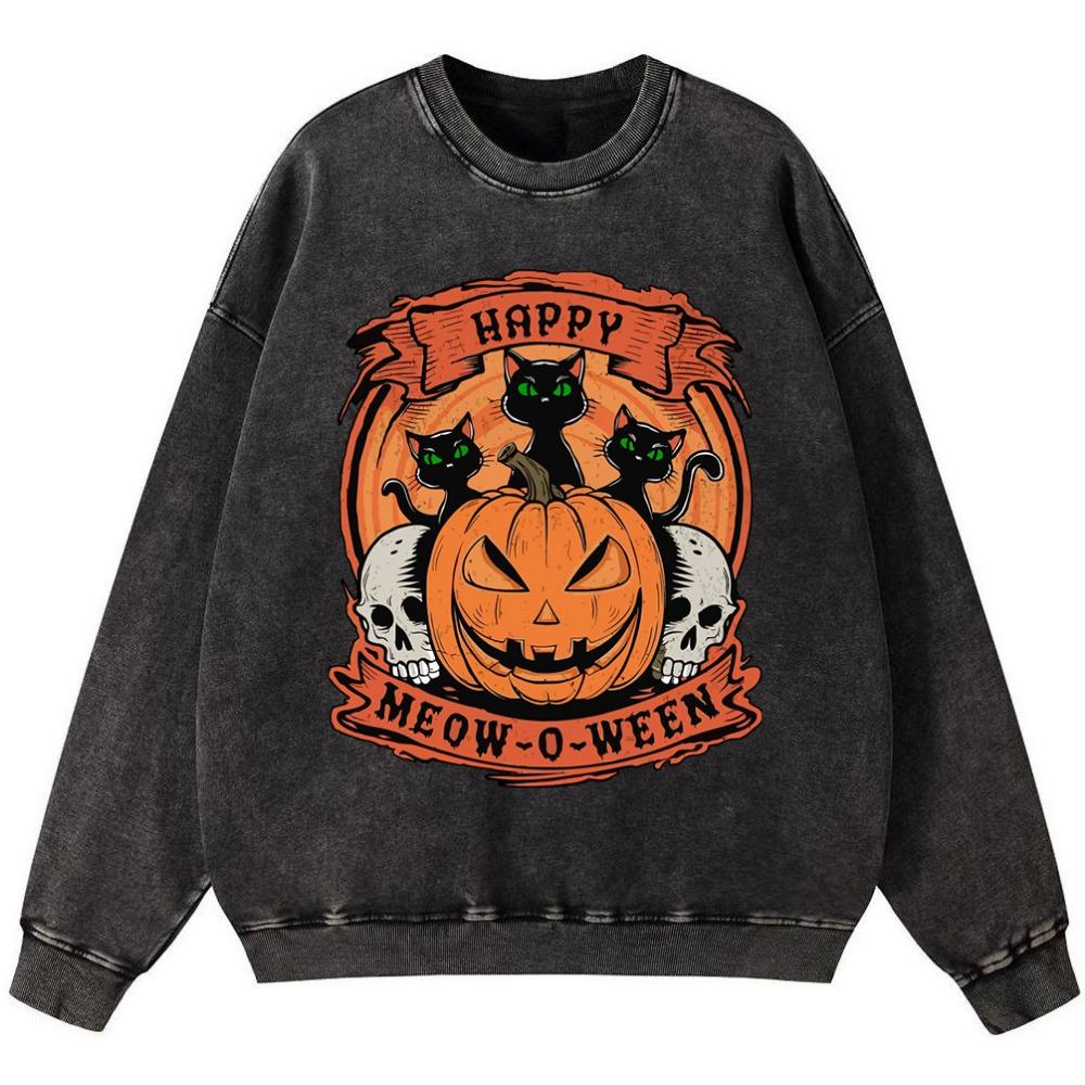 Happy Meow O Ween Girl Vintage Washed Cotton Sweatshirt Korean High Quality Pullover Street Thin style Hoodie