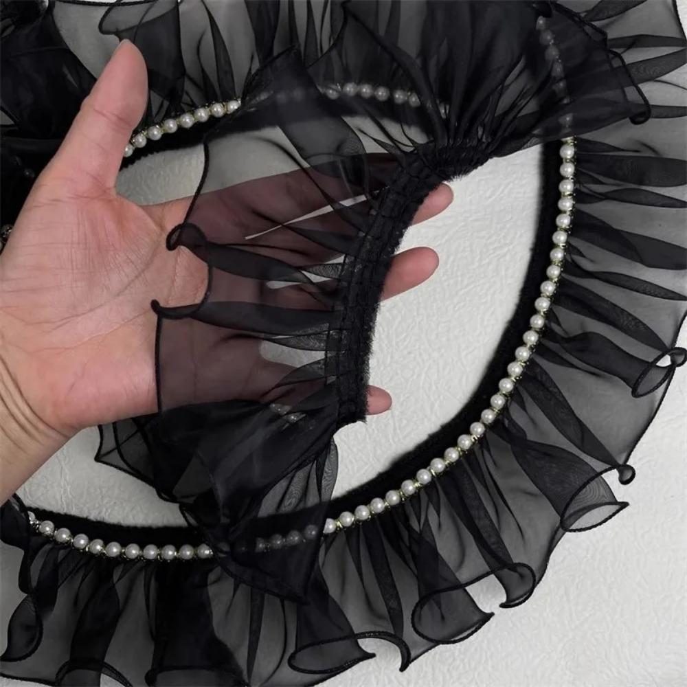 New 8cm Wide Beaded Ruffle Lace DIY Black Pleated Ruffled Fabric Organza Pearl Lace Accessories Dress Skirt Collar Edge