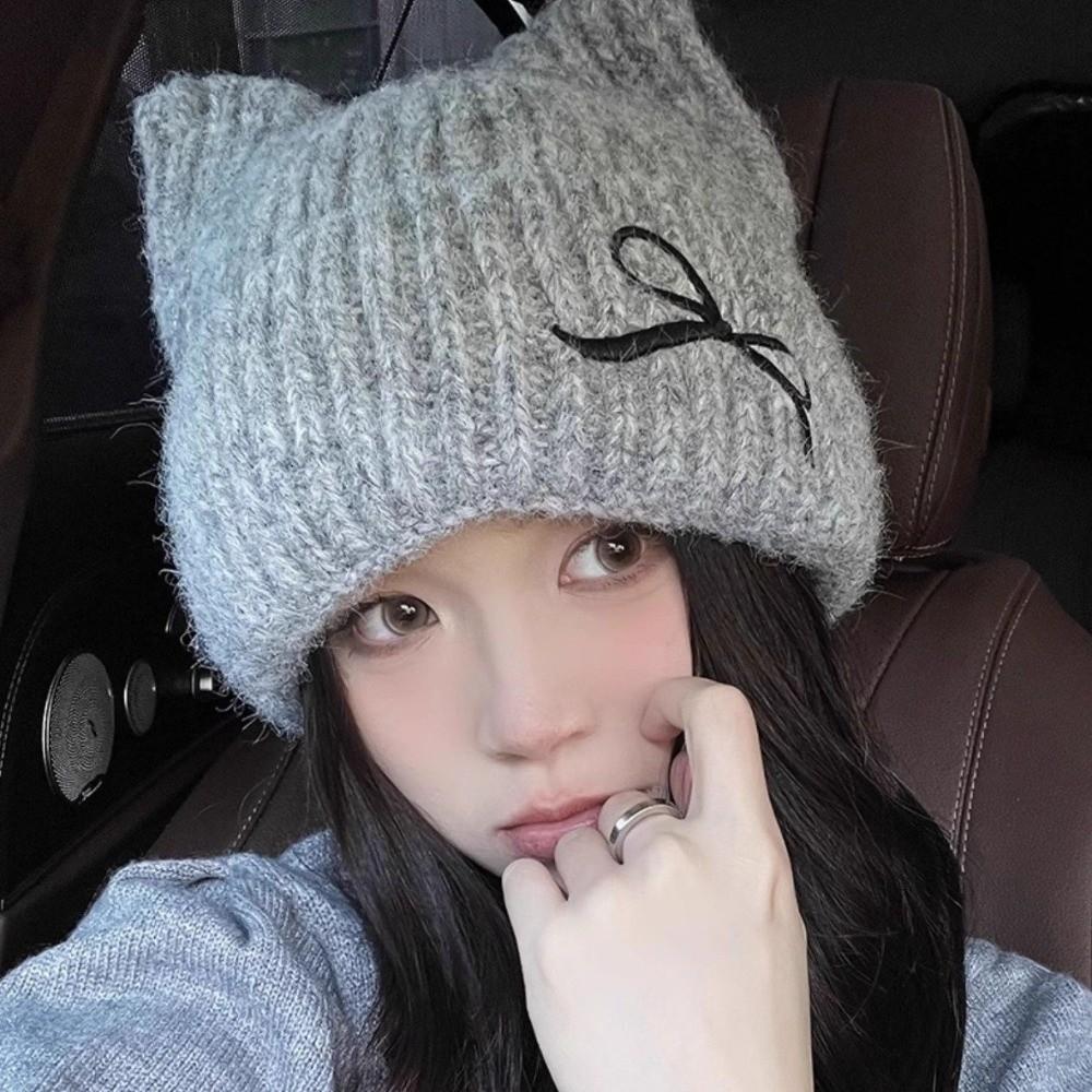 Solid Color Cat Ear Beanie Thickened Knitted Skullies Soft Knitted Woolen Hat  Autumn