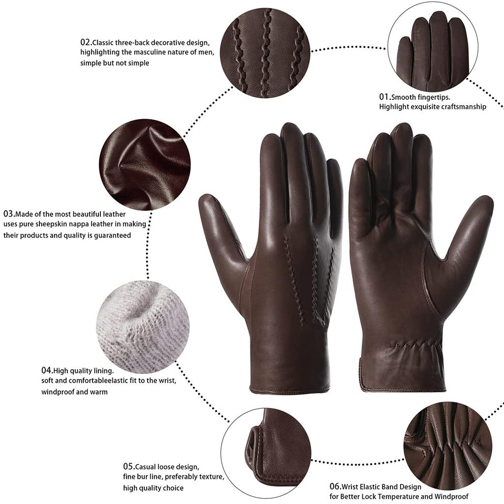 Harssidanzar Luxury Italian Sheepskin Leather Gloves with Cashmere Stitching for Size M Men's Warmth, Brown,