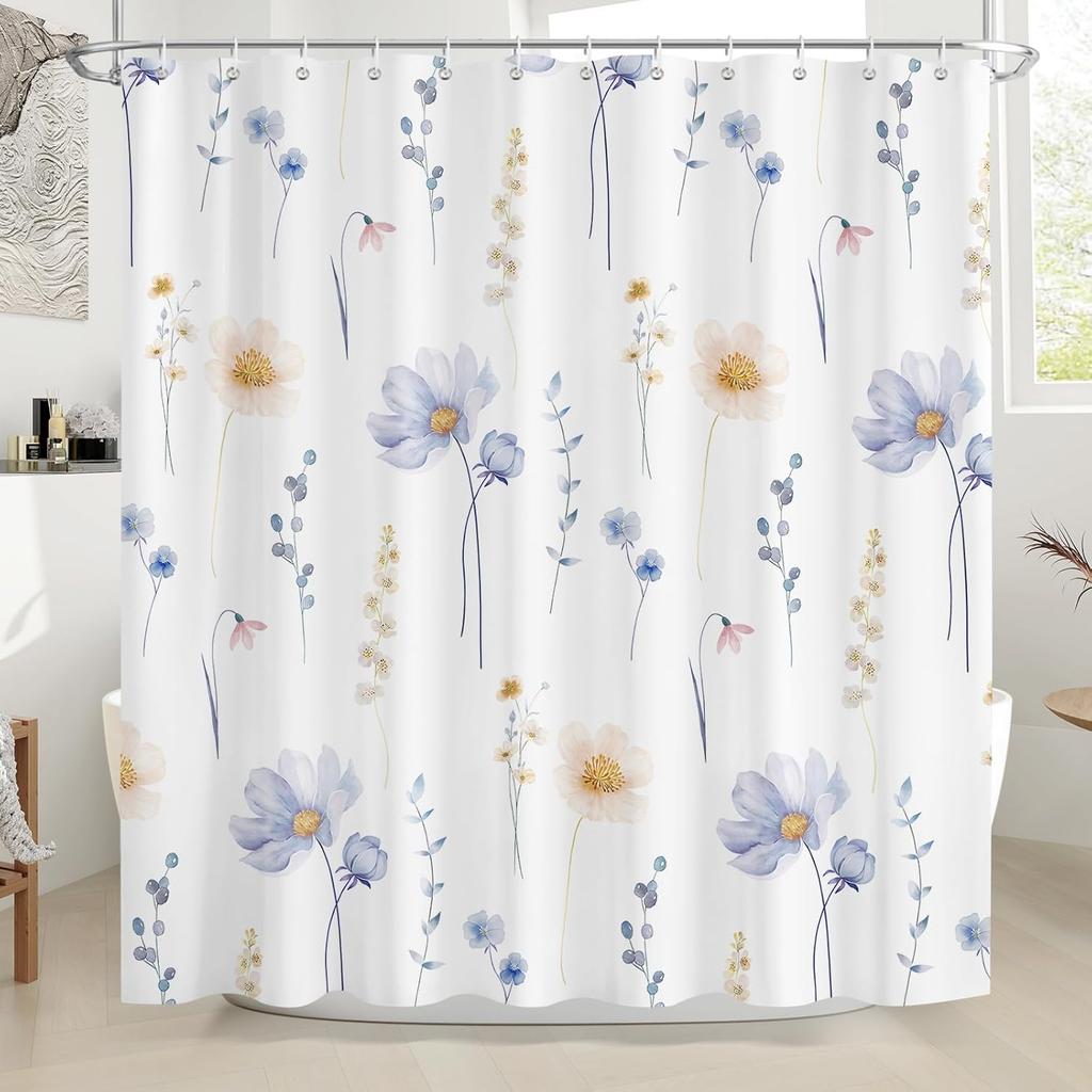 Watercolor Floral Shower Curtains Bathroom,Blue Orange Flower Shower Curtain Set,Minimalist White Bathroom Curtain with Hooks