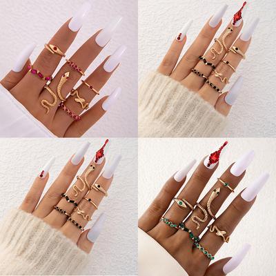 Personalized Colorful Alloy Serpentine Ring with Diamonds Animal Zodiac Seven-piece Set Open Ring Set