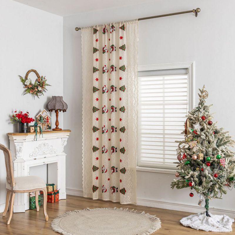 2pcs Christmas Embroidery Curtains Translucent Lace Curtains Rod Through Curtain