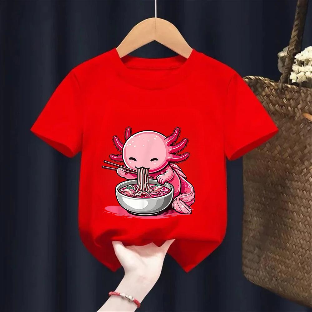 Anime Kawaii Axolotl Eating Ramen Noodles Kids Teen Girl Boy TShirt Cute Artwork Axolotl Lover Graphic Top Japanese Cartoon Tee 100