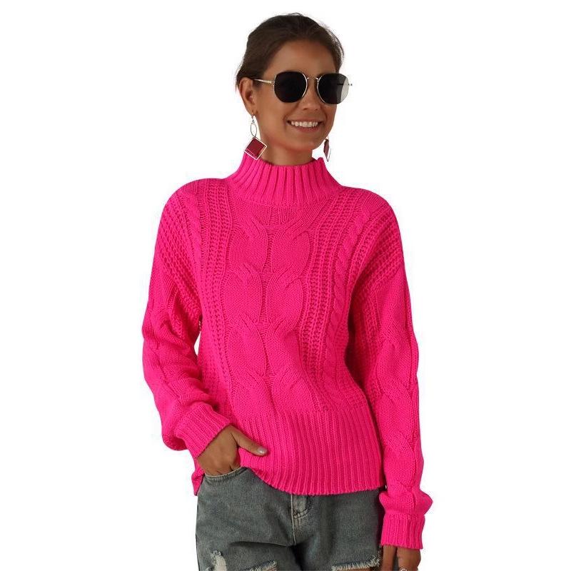 Leuchtende Farbe Kabelstrick Übergröße Damenpullover - Langarm Locker Halber Rollkragen Pullover