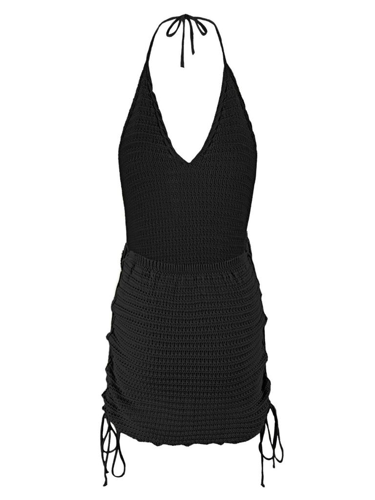 Solid Knitted Halter Deep V-neck Dress 2025 Women Side Cross Straps Fashion Crochet Beach Vacation Crochet Mini Dress K104