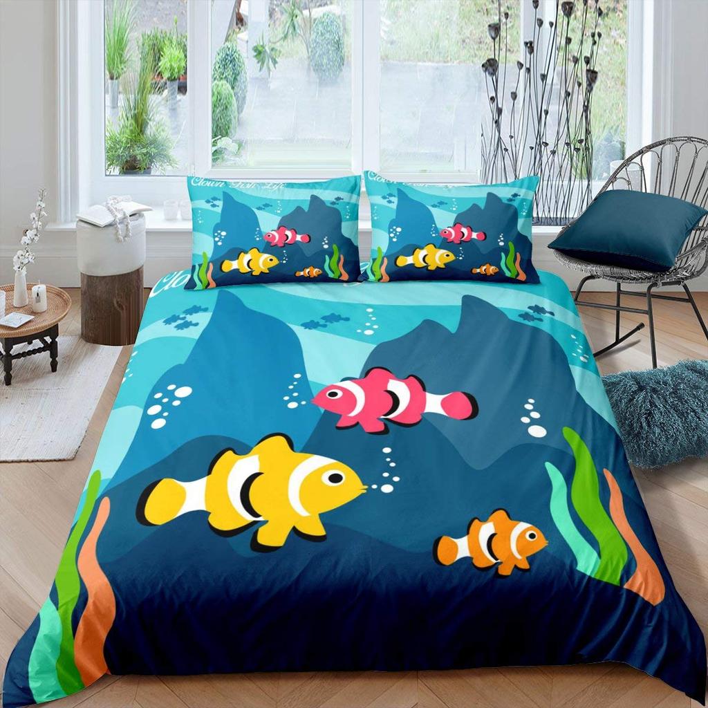 Cartoon Clownfish King Queen Duvet Cover Tropical Marine Life Quilt Cover Underwater World Bedding Set Polyester Comforter Cover