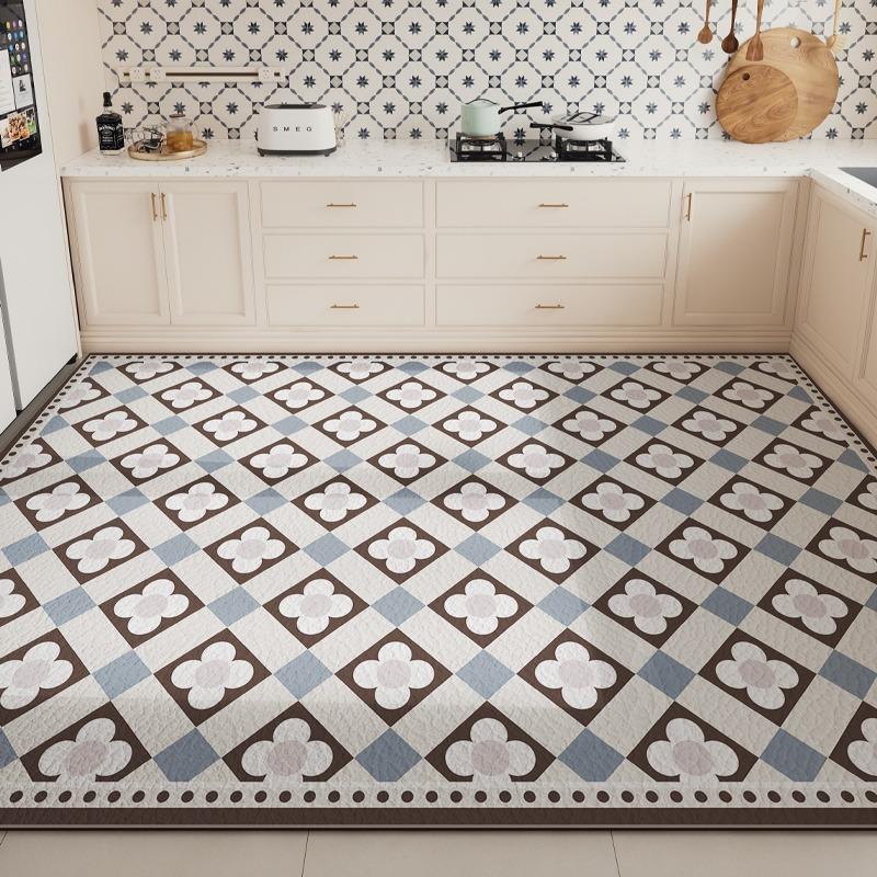 Large PVC Kitchen Floor Mat Waterproof Non-slip Green Rug Geometric Flower Design Home Decoration Rugs Durable Leather Carpet