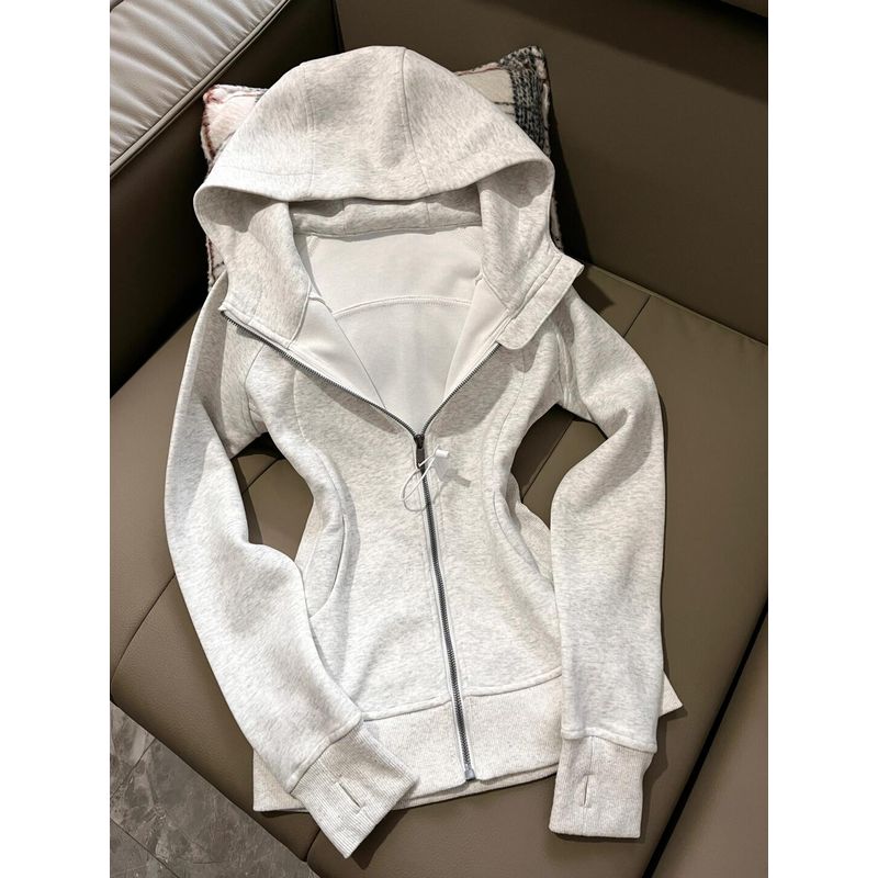 

Приталенная верхняя одежда Женская толстовка с плечами Весенне-осенняя одежда Толстовка с капюшоном Облегающий талию Плотный короткий топ 2025 Новинка Grey S