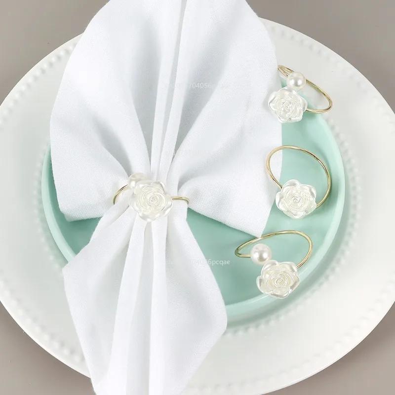 Valentine's Day Wedding Pearl Napkin Clasp Roses Creative Round Pearl Napkin Rings for Restaurant Family Table Decoration