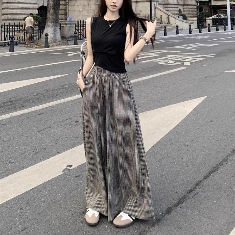 Retro Plaid High-Waisted Pants & Skirt Set – Women's Versatile Summer Two-Piece, Loose & Slimming Casual Outfit