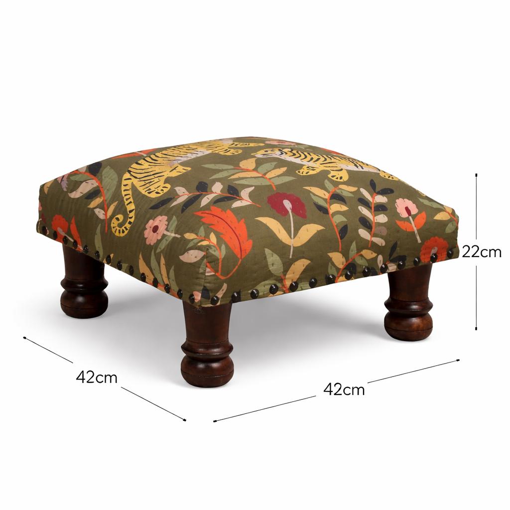 Pouf Verde Tigre Botanica con Lavoro Kantha - Pouf in Cotone con Gambe in Legno di Mango, 40 x 40 x 22,5 cm