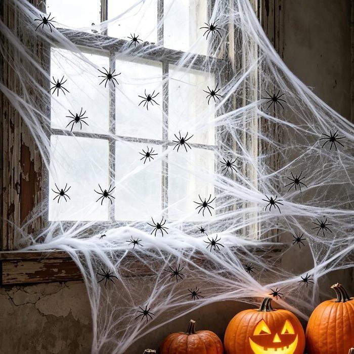 Toile d'araignée Halloween - AIMOONSA - Toile d'araignée 100 g - 40 araignées - Blanc - Intérieur/extérieur