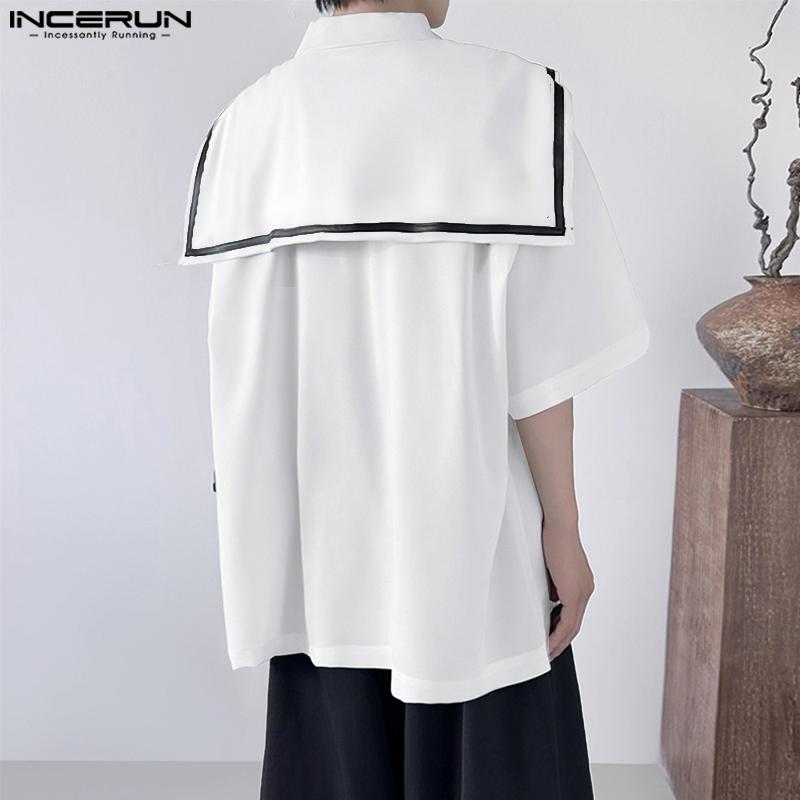 INCERUN Oversized Men Naval Collar Short Sleeve Stitching Casual Loose Shirts Tops
