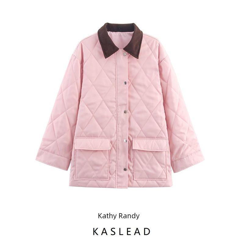 Kaslead New Women Clothes Western Style High Density Thick Nylon Plus Corduroy Collar Rhombus Jacket