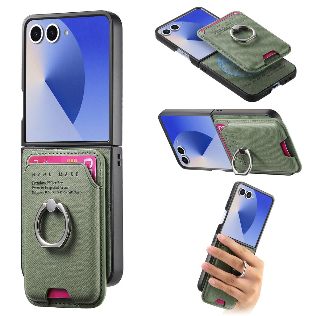For Samsung Galaxy Z Flip7 5G Case Compatible with MagSafe Twill Texture Leather Back Cover with Card Bag