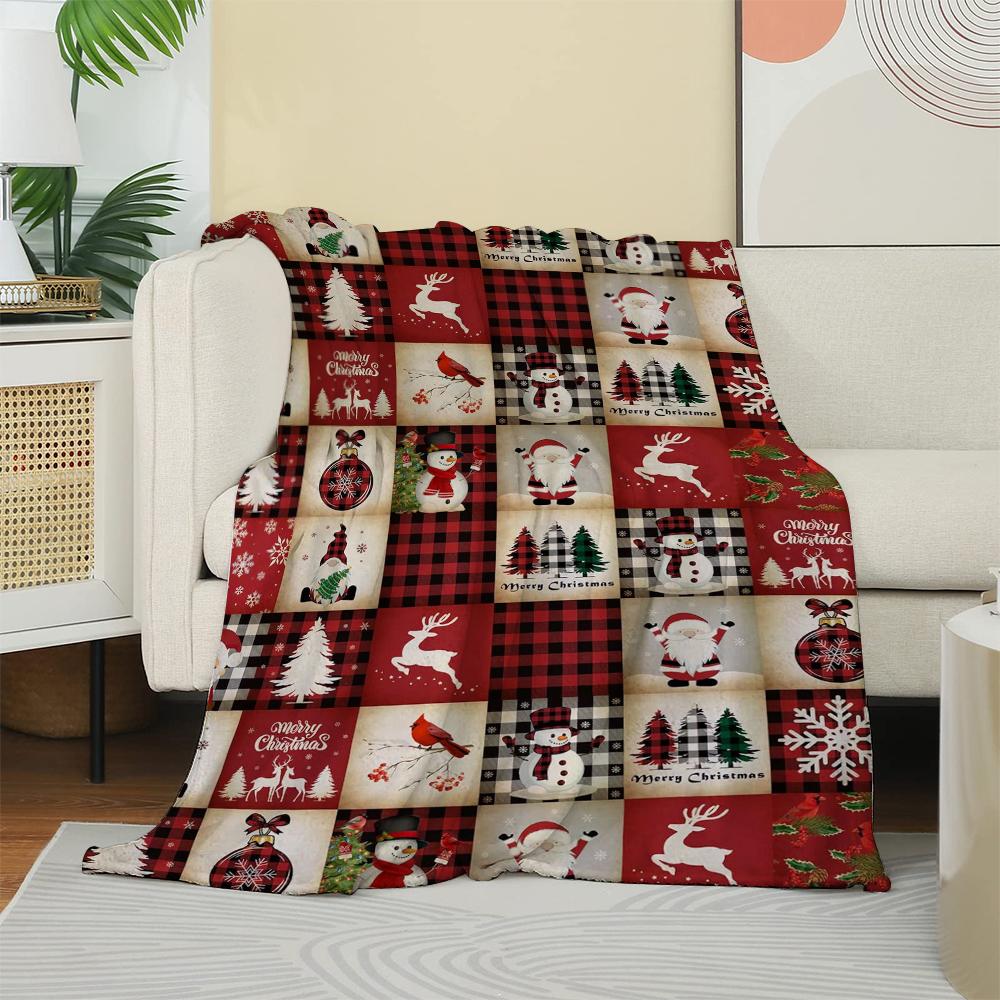 Cozy Festive Christmas Blanket Vintage-Inspired Wreath, Snowman, Reindeer, and Gift Grid Printed Soft Flannel Throw with Warm