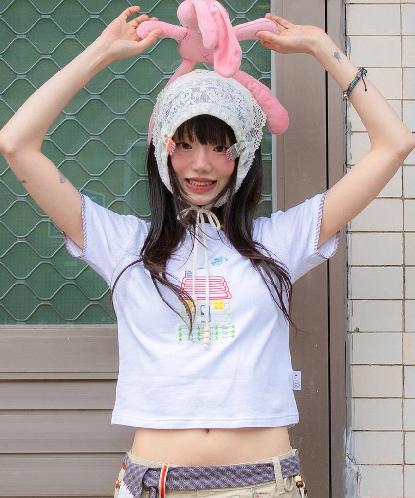 RuNaKi'Hu' Wxt098 Okaeri Check Applique T-Shirt (White)