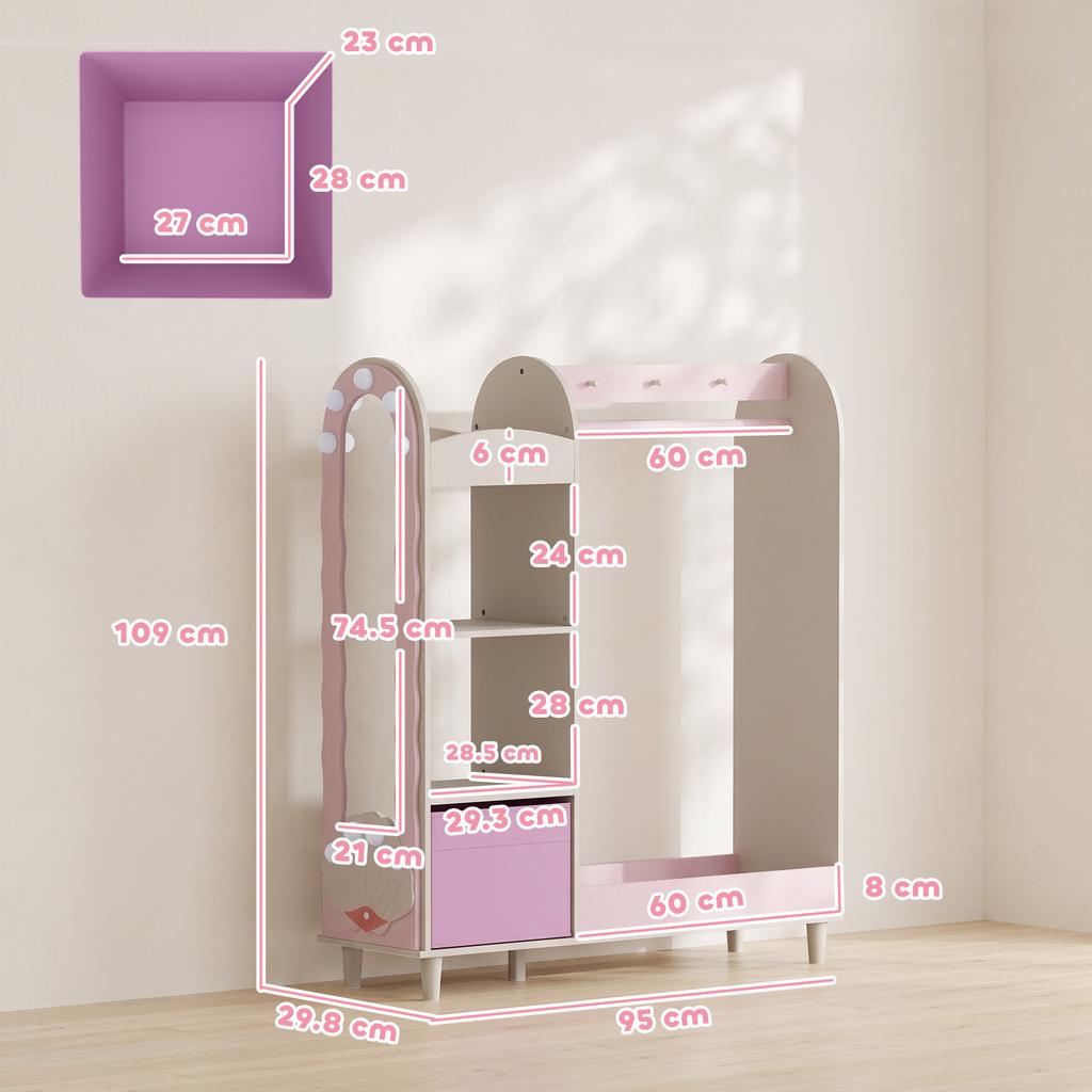 Kids Clothing Rack, Kids Wardrobe with Glowing Lights Mirror, Non-Woven Drawer and Shelves for Bedroom, Ages 3-8, Pink