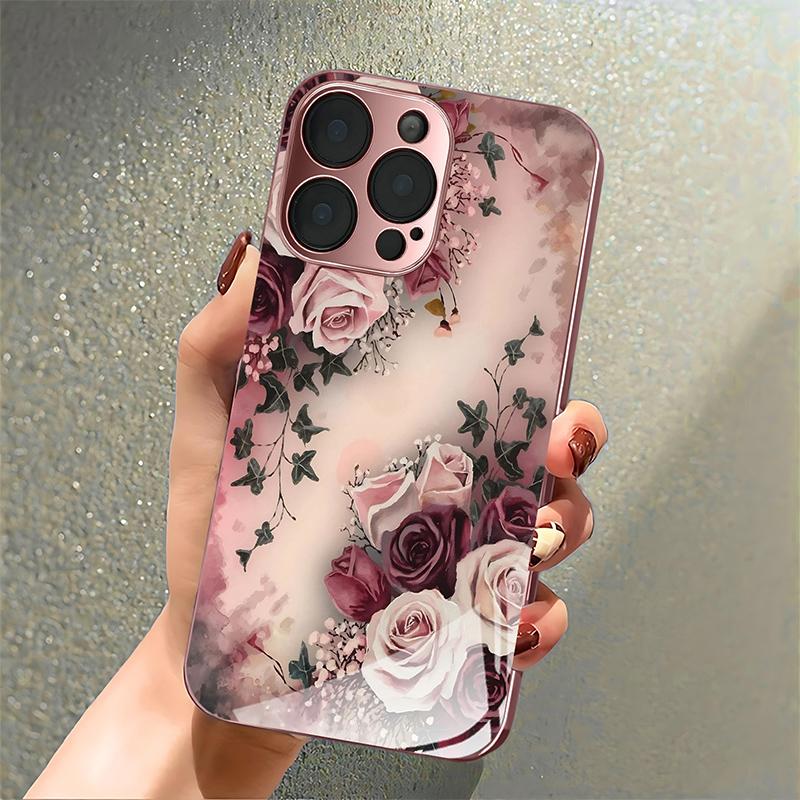 Luxury Rose Pattern Pink Metallic Tempered Glass Phone Case For iPhone 17 16 15 14 13 12 11 Pro Max 15 Plus 17 Air 16E Cover