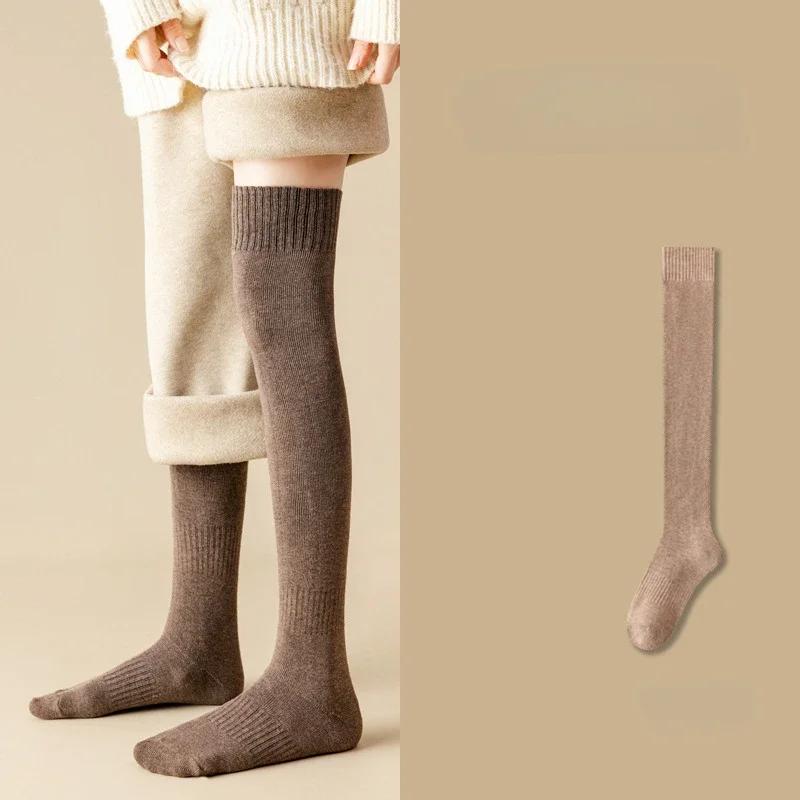

1 пара женских зимних теплых чулок, сексуальные модные снежные однотонные плотные утолщенные петли, теплые тонкие женские длинные носки выше колена One Size кофейный