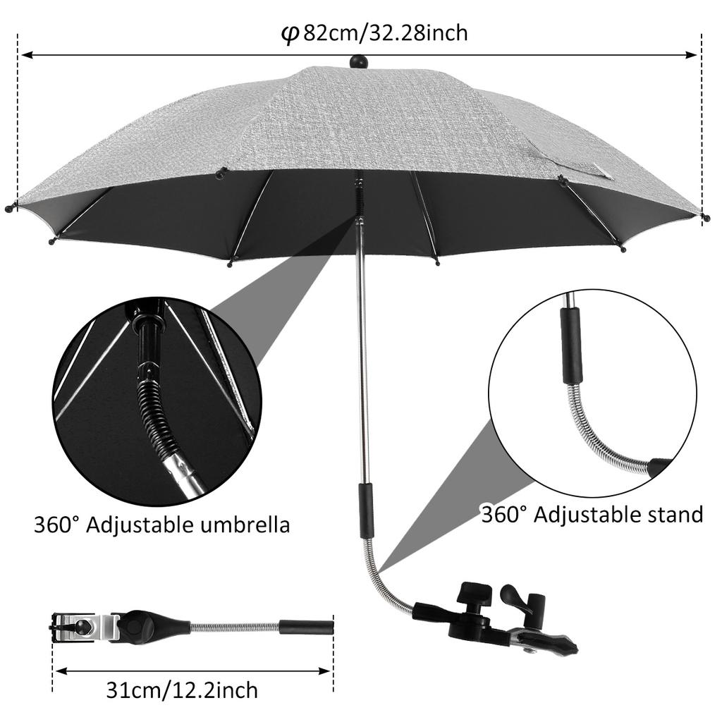 Beach Chair Umbrella UV Protection Baby Stroller Umbrella 360° Adjustable Chair Sunshade with Clamp Sun Rainproof and Windproof