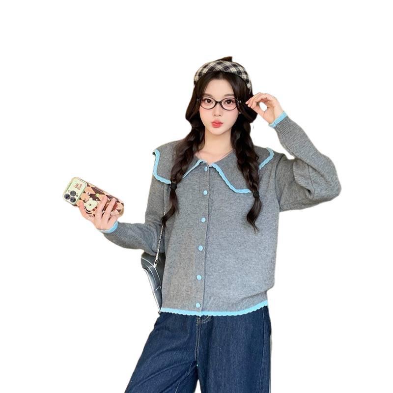 2026 Autumn Women's Plus Size Sweet Color Block Knit Top with Doll Collar and Long Sleeves